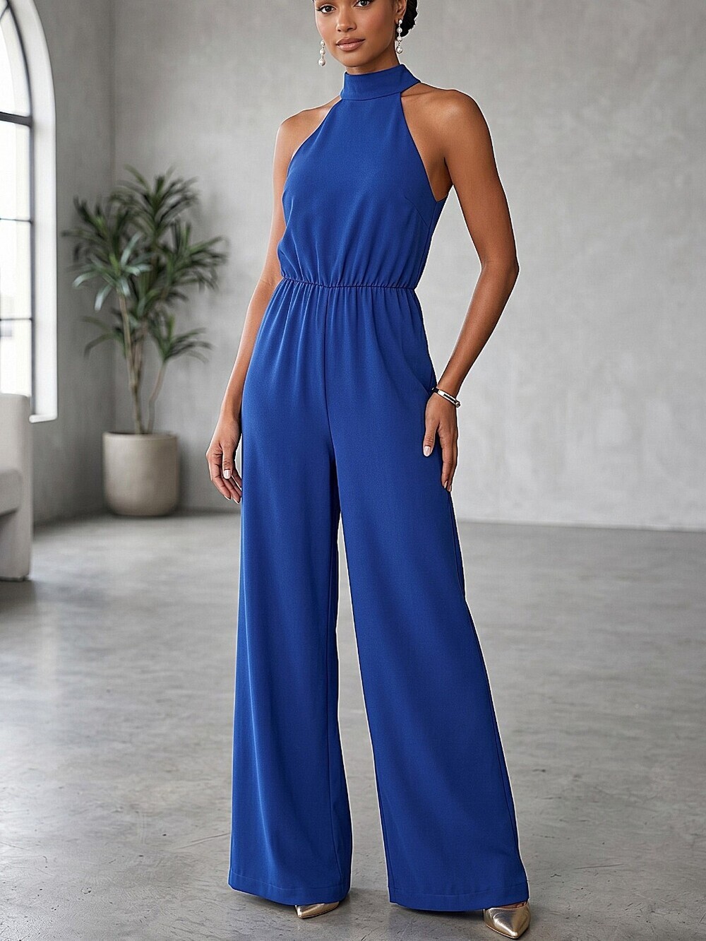 NEW! Lulu's Royal Blue High-Neck Wide-Leg Jumpsuit!